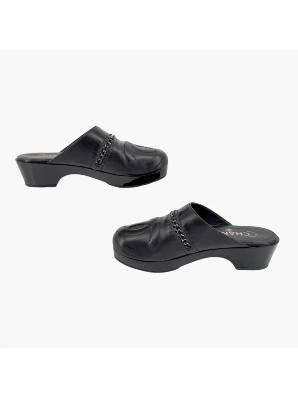 Chanel Black Leather CC Chain Mule Slip On Clogs Flats Size 36 US 5–5.5 Women's
